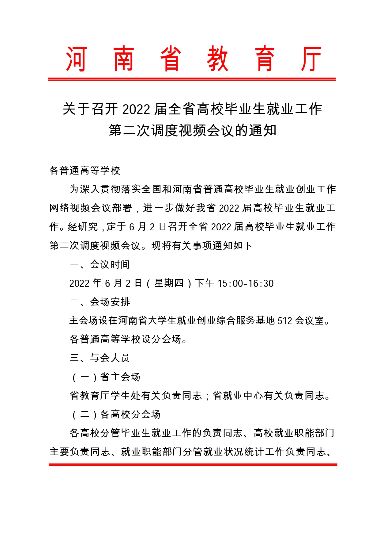 关于召开2022届全省高校毕业生就业工作第二次调度视频会议的通知（6月2日下午召开）_page-0001.jpg